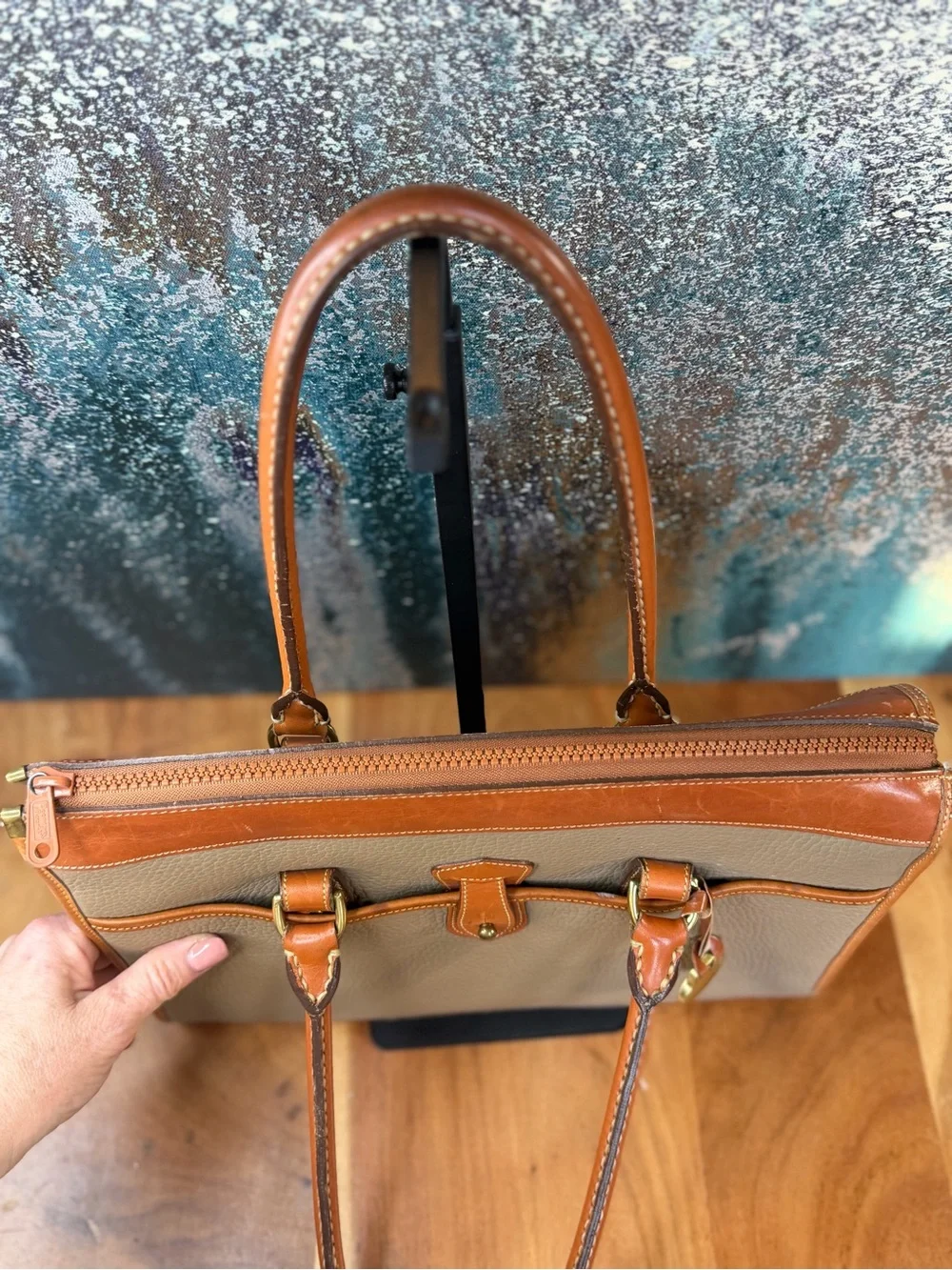 Dooney & Bourke Vintage Taupe/British Tan Leather Satchel Bag VGVC